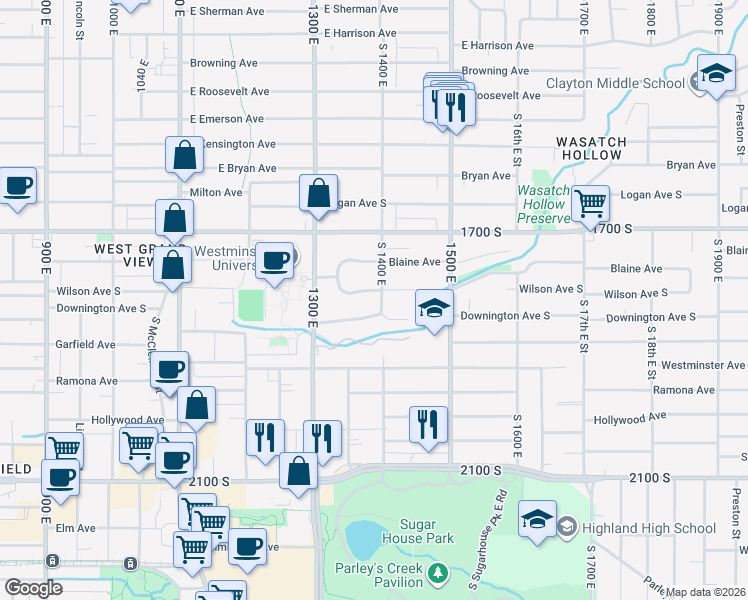 map of restaurants, bars, coffee shops, grocery stores, and more near 1357 Downington Avenue South in Salt Lake City