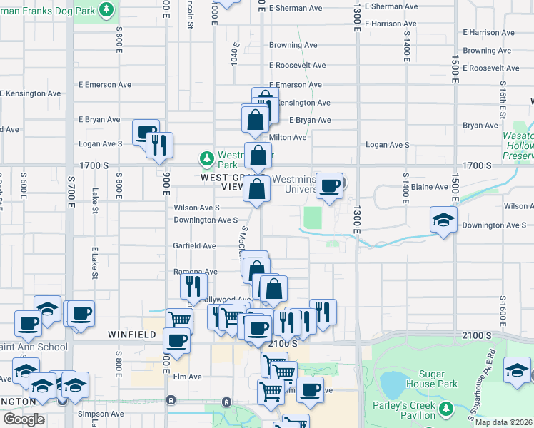 map of restaurants, bars, coffee shops, grocery stores, and more near 1811 1100 East in Salt Lake City