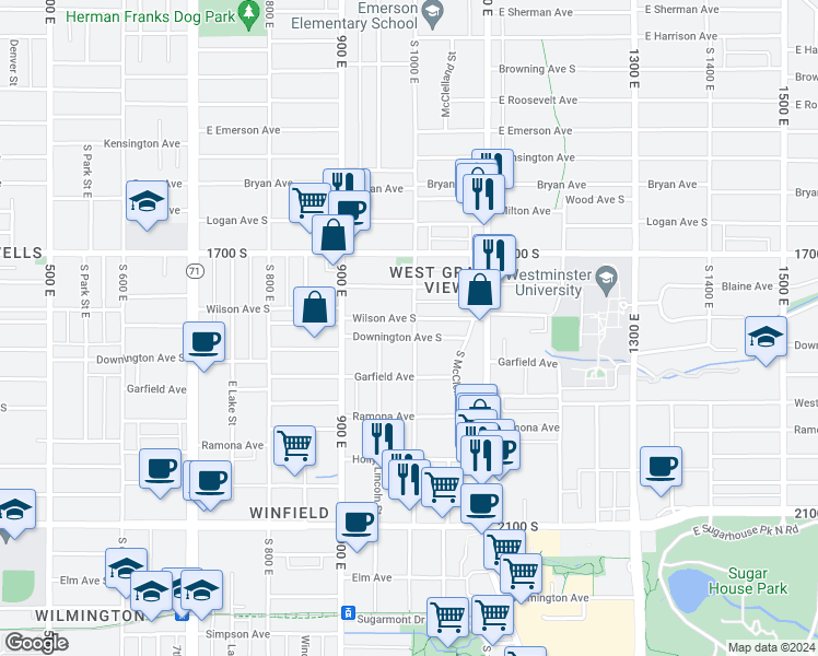 map of restaurants, bars, coffee shops, grocery stores, and more near 1812 South 1000 East in Salt Lake City