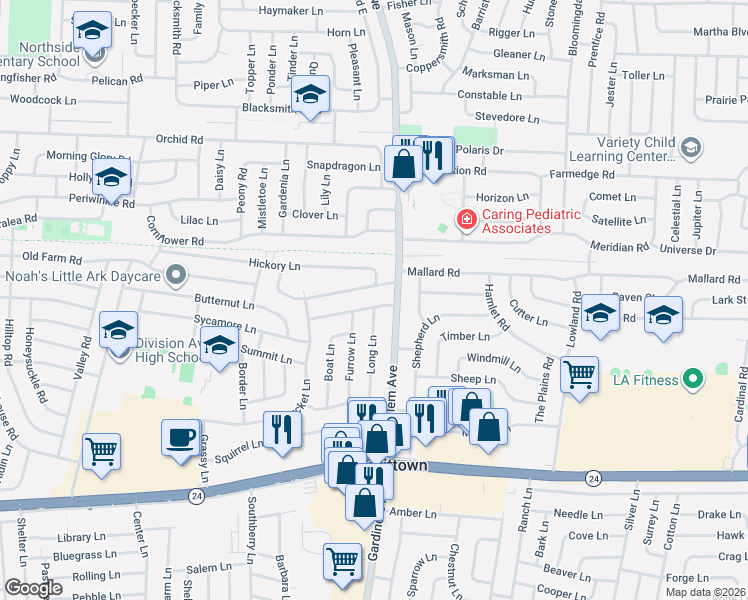 map of restaurants, bars, coffee shops, grocery stores, and more near 42 Eagle Lane in Levittown