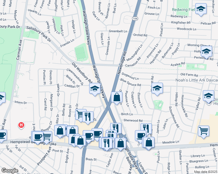 map of restaurants, bars, coffee shops, grocery stores, and more near 257 North Newbridge Road in Levittown