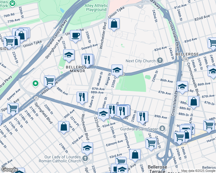 map of restaurants, bars, coffee shops, grocery stores, and more near 233-60 87th Avenue in Queens