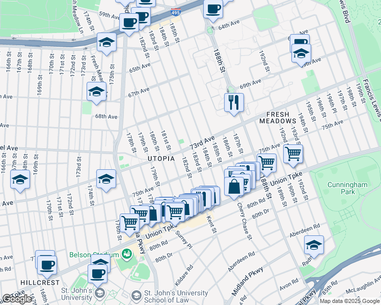 map of restaurants, bars, coffee shops, grocery stores, and more near 5 182nd Street in Queens