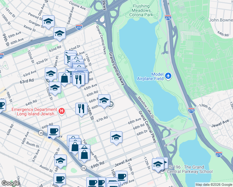map of restaurants, bars, coffee shops, grocery stores, and more near 66-14 Grand Central Parkway in Queens