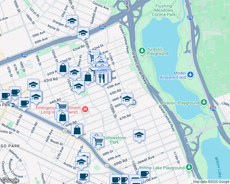 map of restaurants, bars, coffee shops, grocery stores, and more near in Queens