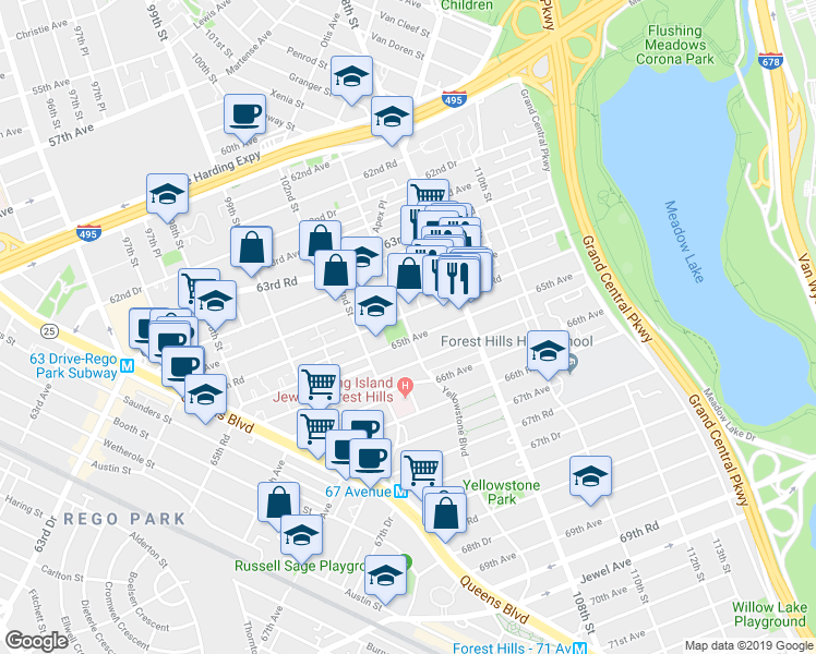 map of restaurants, bars, coffee shops, grocery stores, and more near 1051-10599 65th Avenue in Queens