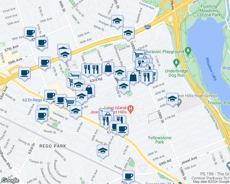 map of restaurants, bars, coffee shops, grocery stores, and more near 99-55 64th Road in Queens