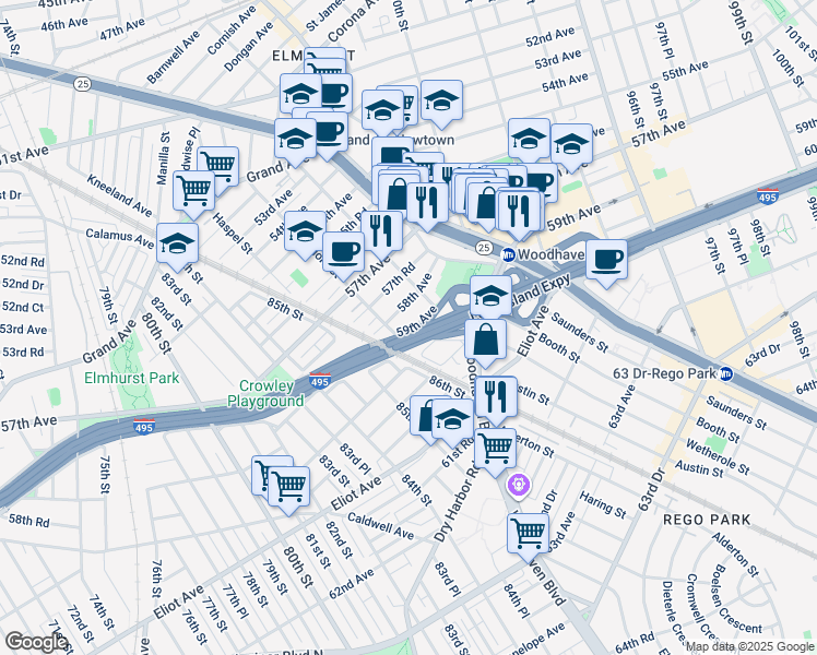 map of restaurants, bars, coffee shops, grocery stores, and more near 86-16 60th Avenue in Queens