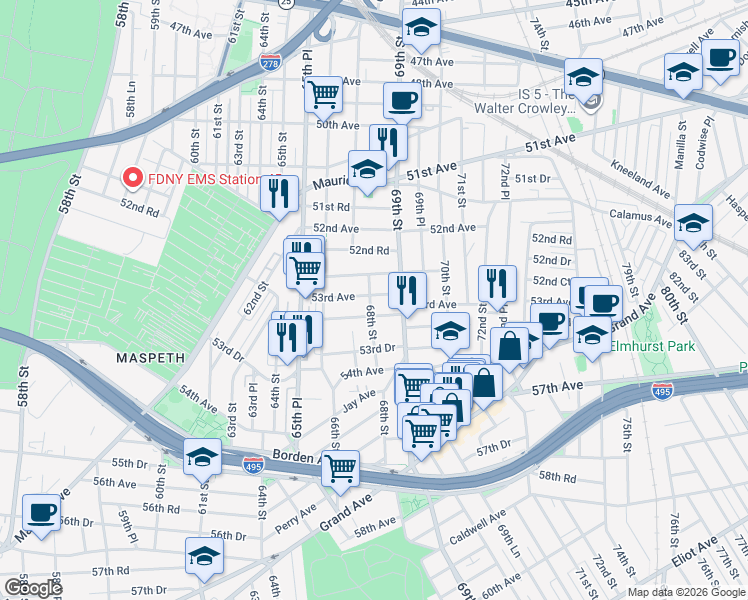 map of restaurants, bars, coffee shops, grocery stores, and more near 53-12 68th Street in Queens
