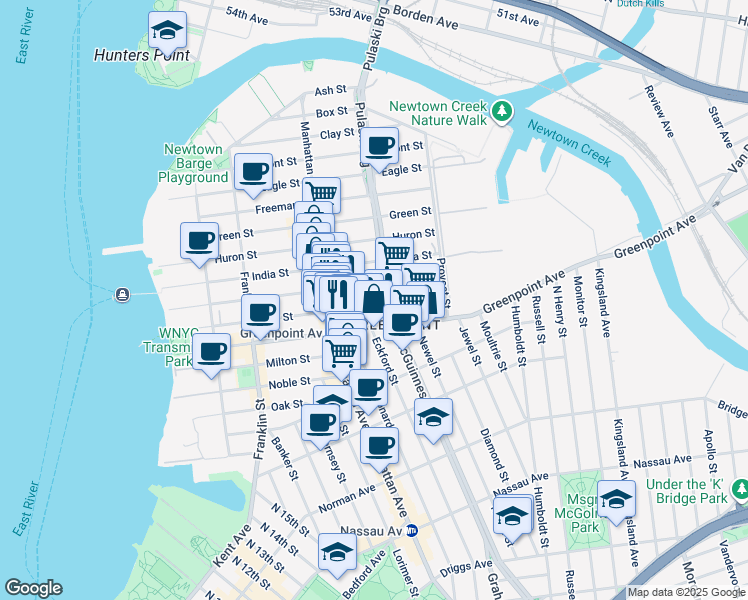 map of restaurants, bars, coffee shops, grocery stores, and more near 178 Greenpoint Avenue in Brooklyn