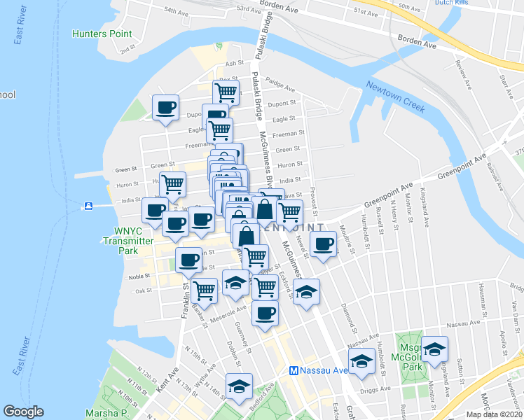 map of restaurants, bars, coffee shops, grocery stores, and more near 178 Greenpoint Avenue in Brooklyn