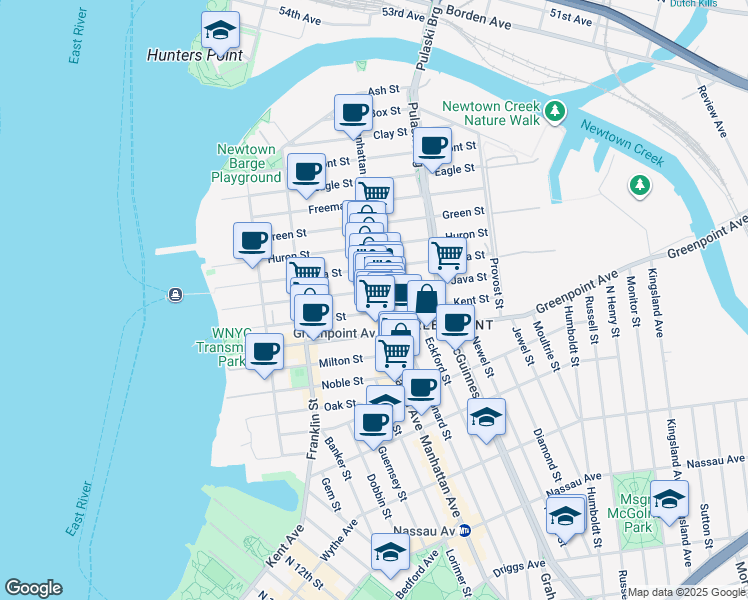 map of restaurants, bars, coffee shops, grocery stores, and more near 925 Manhattan Avenue in Brooklyn