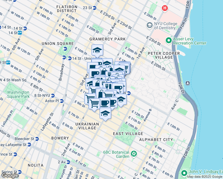 map of restaurants, bars, coffee shops, grocery stores, and more near 324 East 13th Street in New York
