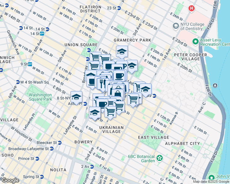 map of restaurants, bars, coffee shops, grocery stores, and more near 225 East 11th Street in New York