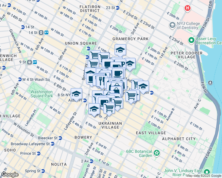 map of restaurants, bars, coffee shops, grocery stores, and more near 225 East 11th Street in New York