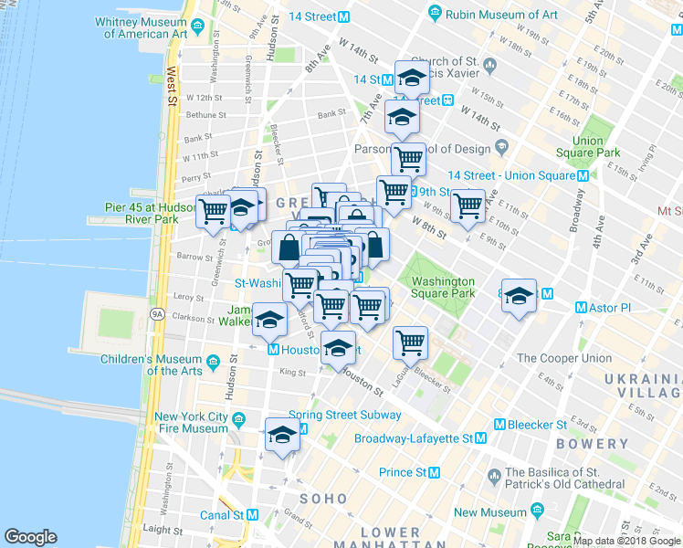 map of restaurants, bars, coffee shops, grocery stores, and more near 249 Bleecker Street in New York