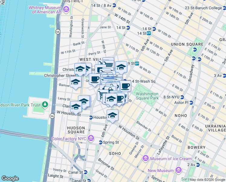 map of restaurants, bars, coffee shops, grocery stores, and more near 249 Bleecker Street in New York