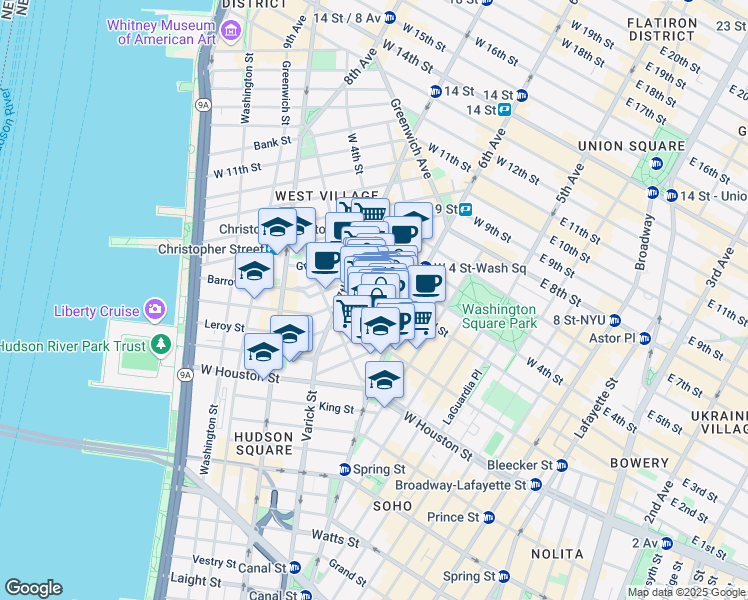 map of restaurants, bars, coffee shops, grocery stores, and more near 249 Bleecker Street in New York