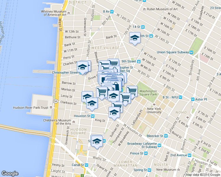 map of restaurants, bars, coffee shops, grocery stores, and more near 249 Bleecker Street in New York
