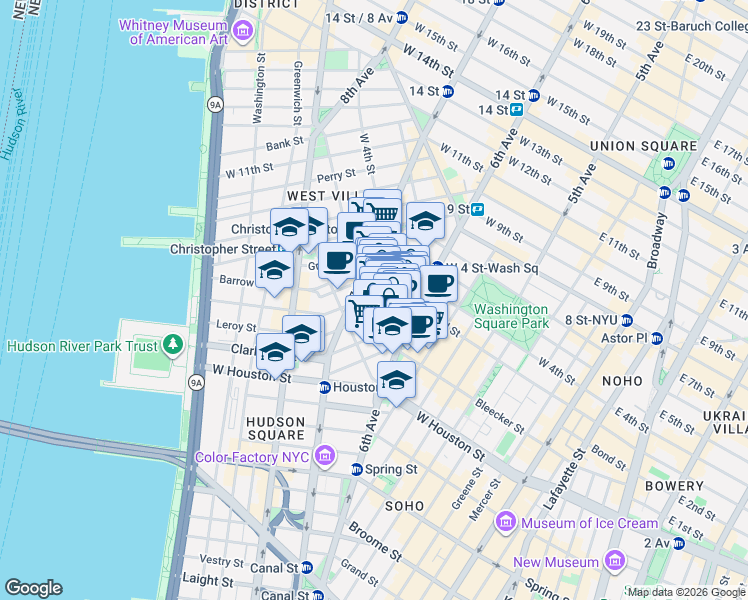 map of restaurants, bars, coffee shops, grocery stores, and more near 249 Bleecker Street in New York