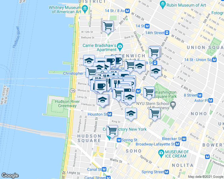 map of restaurants, bars, coffee shops, grocery stores, and more near 51 Morton Street in New York