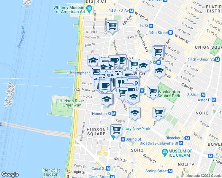 map of restaurants, bars, coffee shops, grocery stores, and more near 51 Morton Street in New York