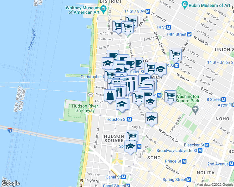 map of restaurants, bars, coffee shops, grocery stores, and more near 69 Morton Street in New York