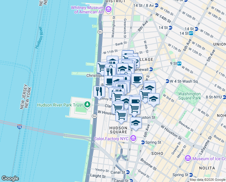 map of restaurants, bars, coffee shops, grocery stores, and more near 6 Morton Street in New York