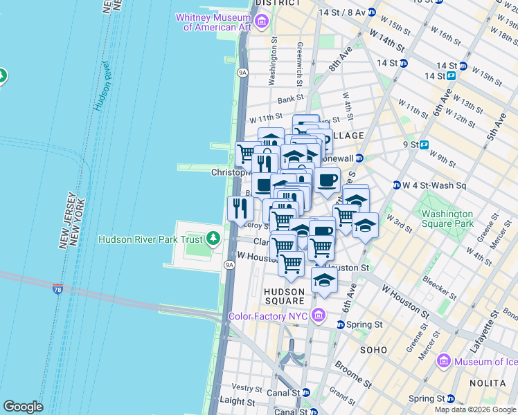 map of restaurants, bars, coffee shops, grocery stores, and more near 6 Morton Street in New York