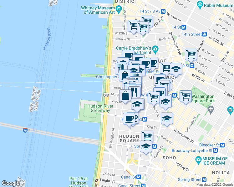 map of restaurants, bars, coffee shops, grocery stores, and more near 6 Morton Street in New York