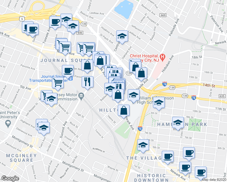 map of restaurants, bars, coffee shops, grocery stores, and more near in Jersey City