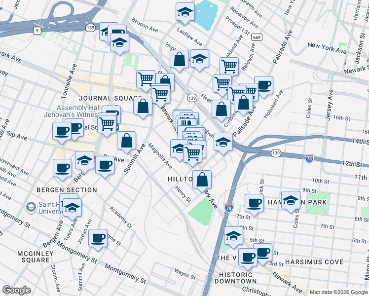 map of restaurants, bars, coffee shops, grocery stores, and more near in Jersey City