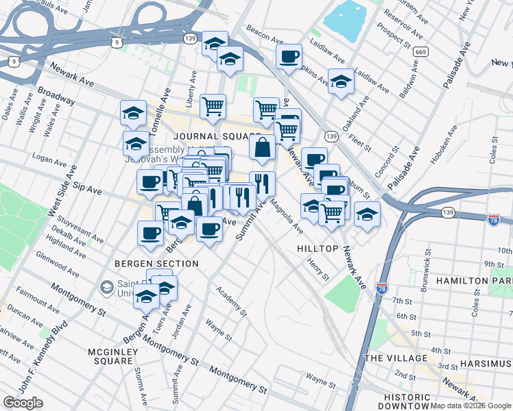 map of restaurants, bars, coffee shops, grocery stores, and more near in Jersey City