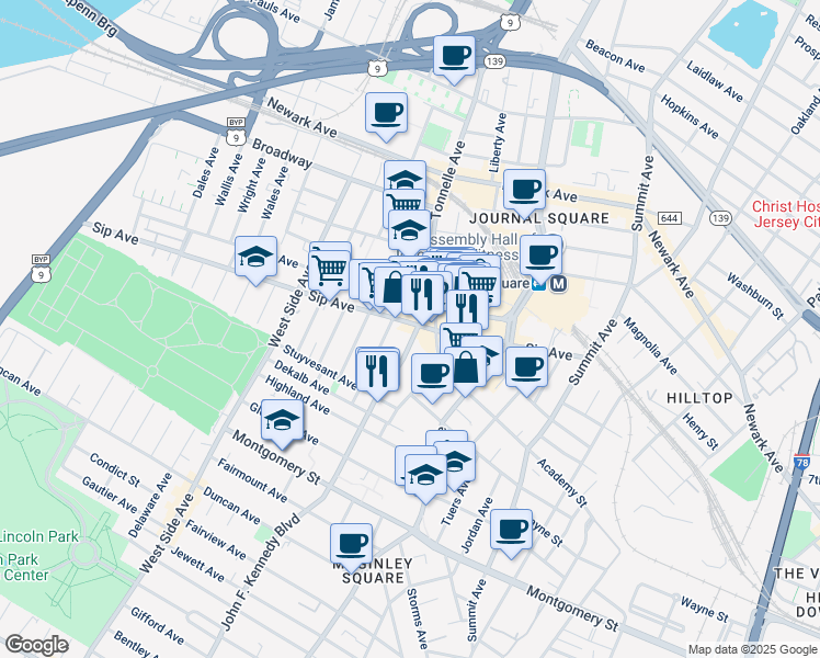 map of restaurants, bars, coffee shops, grocery stores, and more near 2779 John F. Kennedy Boulevard in North Bergen
