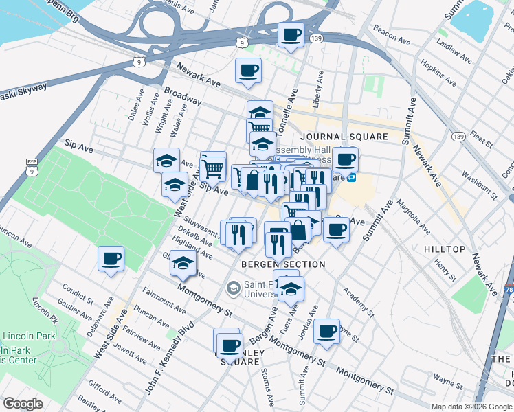 map of restaurants, bars, coffee shops, grocery stores, and more near 2779 John F. Kennedy Boulevard in North Bergen