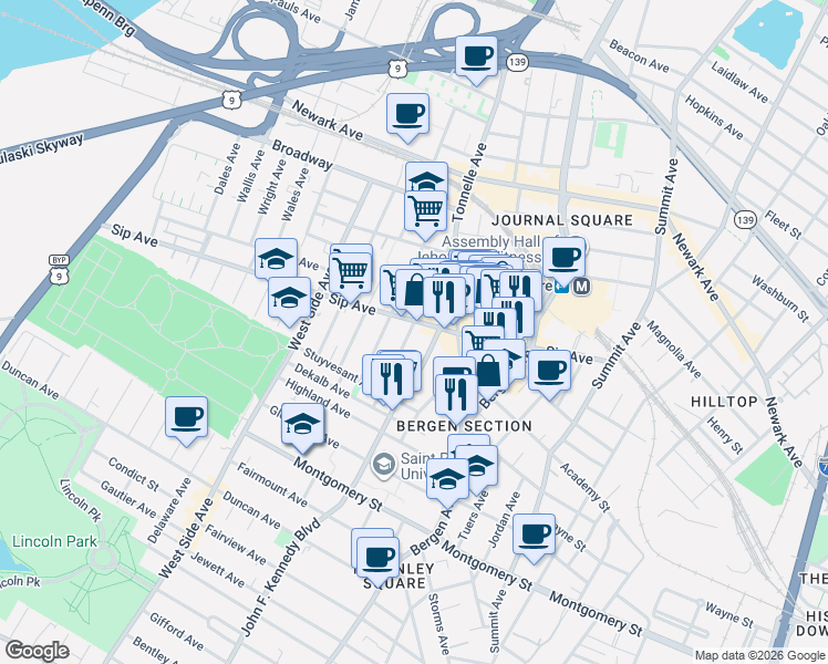 map of restaurants, bars, coffee shops, grocery stores, and more near 2779 John F. Kennedy Boulevard in North Bergen