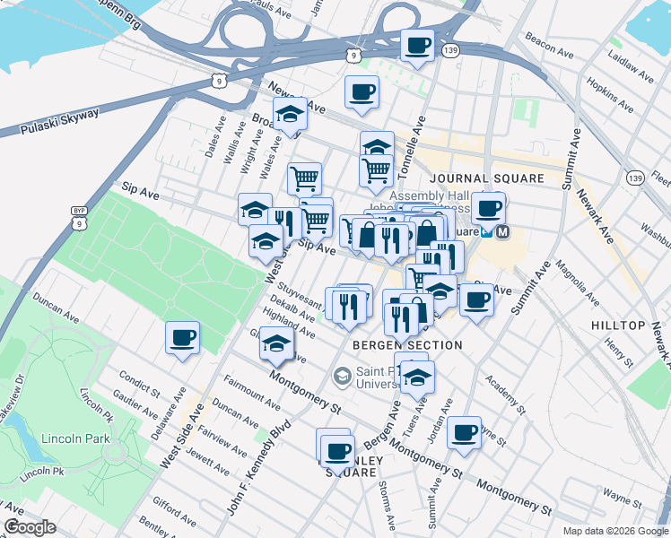 map of restaurants, bars, coffee shops, grocery stores, and more near 38 Romaine Avenue in Jersey City