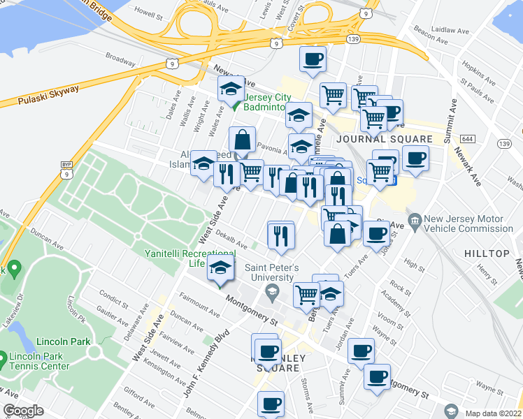 map of restaurants, bars, coffee shops, grocery stores, and more near 38 Romaine Avenue in Jersey City