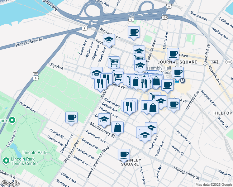 map of restaurants, bars, coffee shops, grocery stores, and more near 21 Van Wagenen Avenue in Jersey City