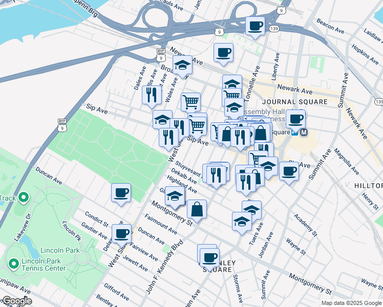 map of restaurants, bars, coffee shops, grocery stores, and more near 21 Van Wagenen Avenue in Jersey City