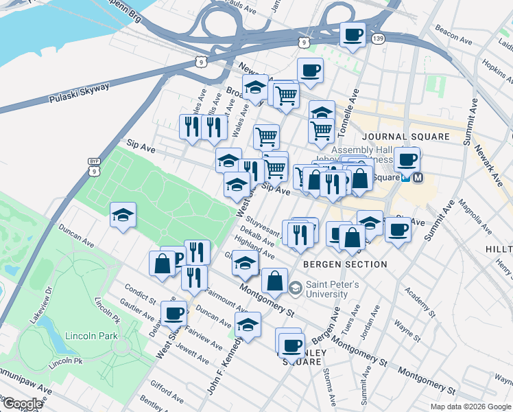 map of restaurants, bars, coffee shops, grocery stores, and more near 916 West Side Avenue in Jersey City