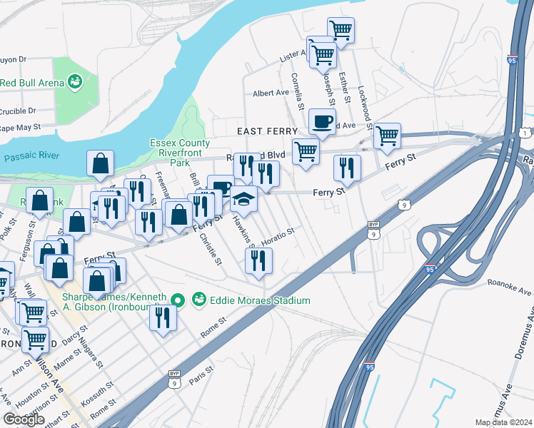map of restaurants, bars, coffee shops, grocery stores, and more near 30 Cortland Street in Newark