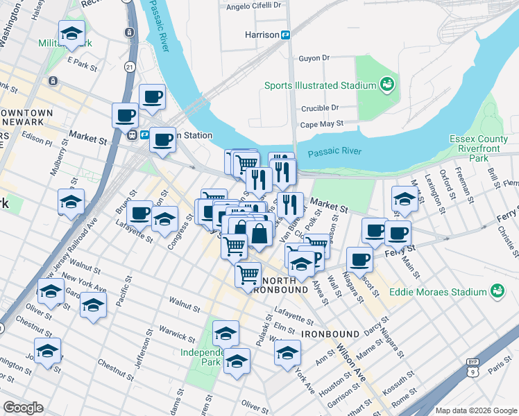 map of restaurants, bars, coffee shops, grocery stores, and more near 35 Adams Street in Newark