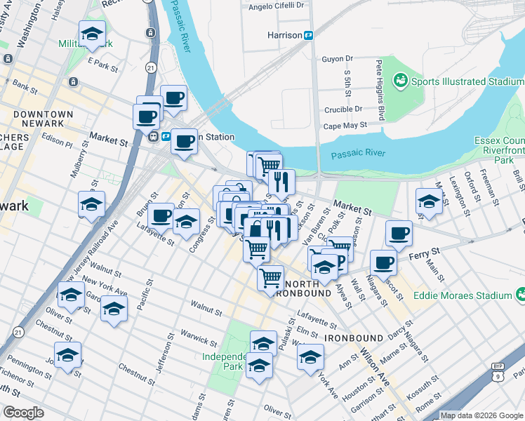map of restaurants, bars, coffee shops, grocery stores, and more near 44 Monroe Street in Newark