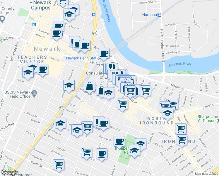 map of restaurants, bars, coffee shops, grocery stores, and more near 65 Prospect Street in Newark