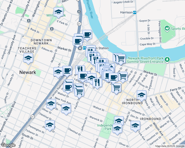 map of restaurants, bars, coffee shops, grocery stores, and more near in Newark