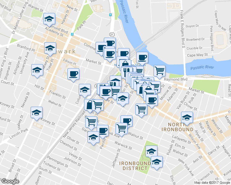 map of restaurants, bars, coffee shops, grocery stores, and more near 85 Union Street in Newark