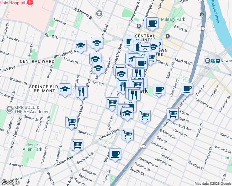 map of restaurants, bars, coffee shops, grocery stores, and more near 51-69 Court Street in Newark
