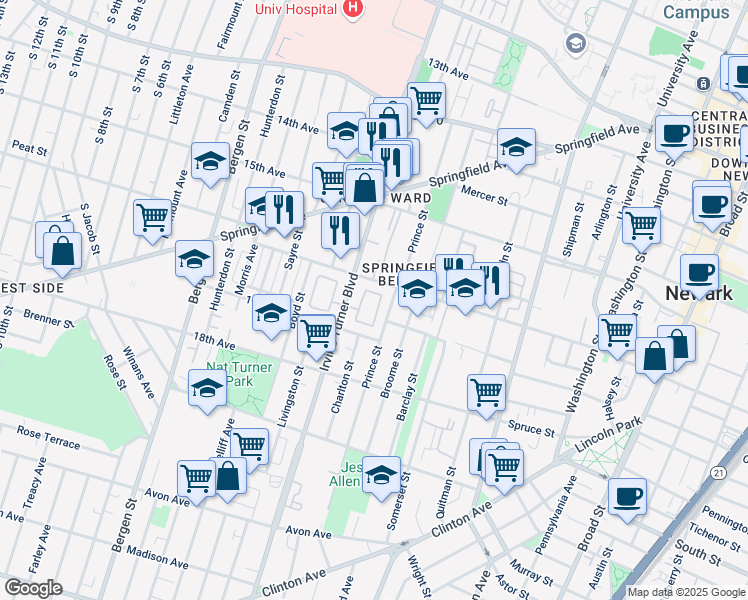 map of restaurants, bars, coffee shops, grocery stores, and more near 41 Martha Court in Newark