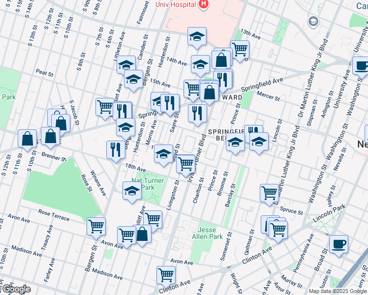 map of restaurants, bars, coffee shops, grocery stores, and more near 82 Boyd Street in Newark